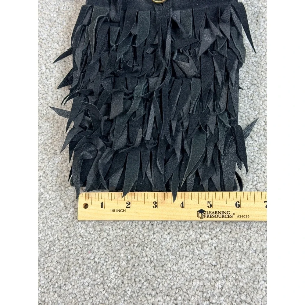 Kathryn Laibson Black Suede Fringed Crossbody Bag‎ Boho Festival Button Closure